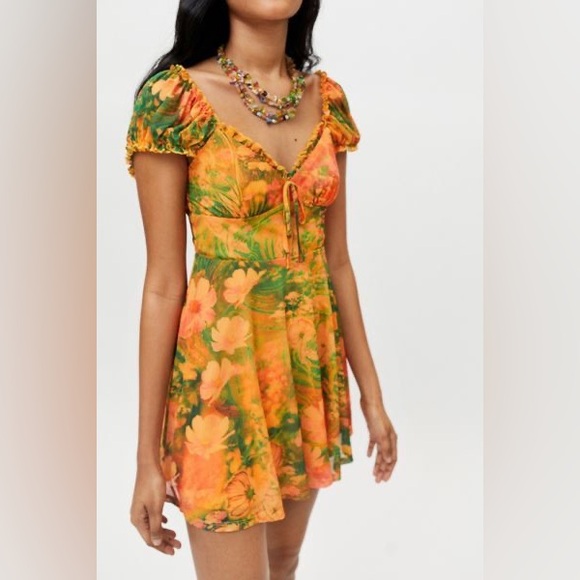 Urban Outfitters Dresses & Skirts - NEW Urban Outfitters Audrey Mesh Babydoll Mini Dress Size Medium Orange Green